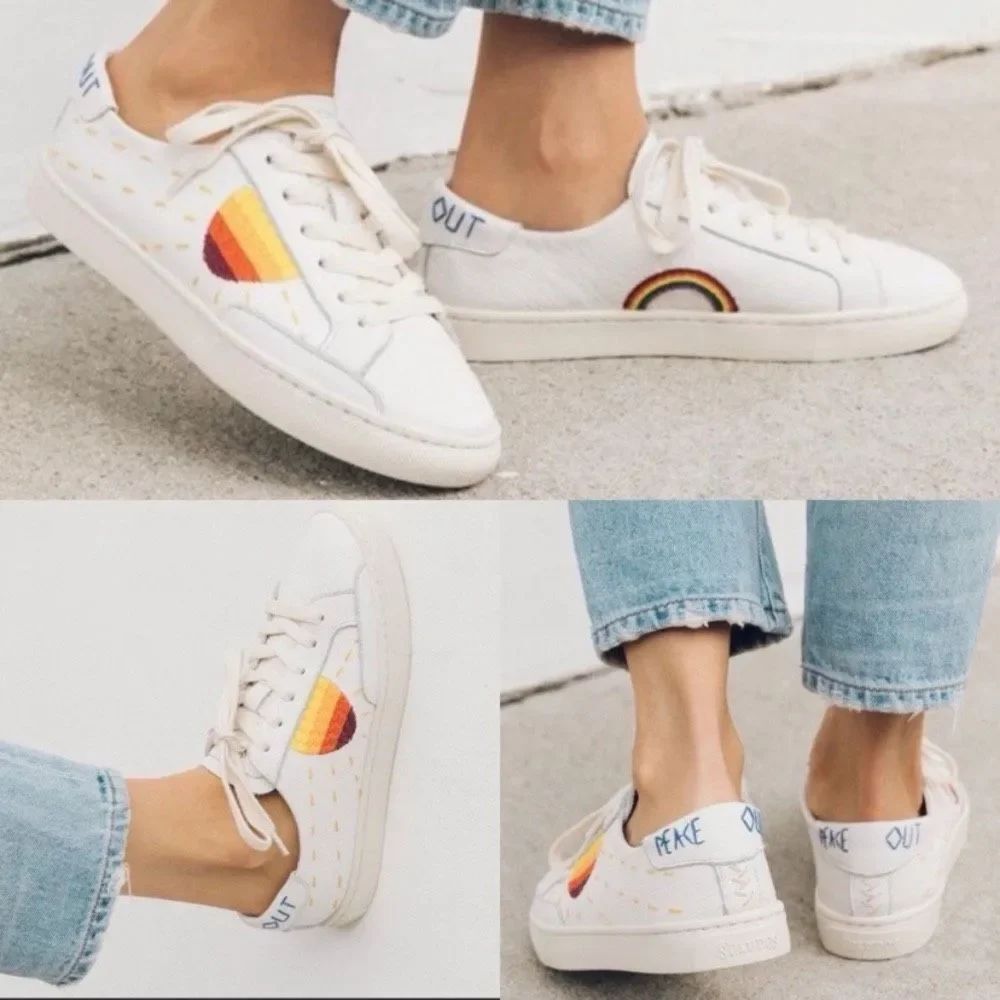 Soludos Embroidered Peace Out Rainbow Sun Leather Low Top Sneakers Women’s 7